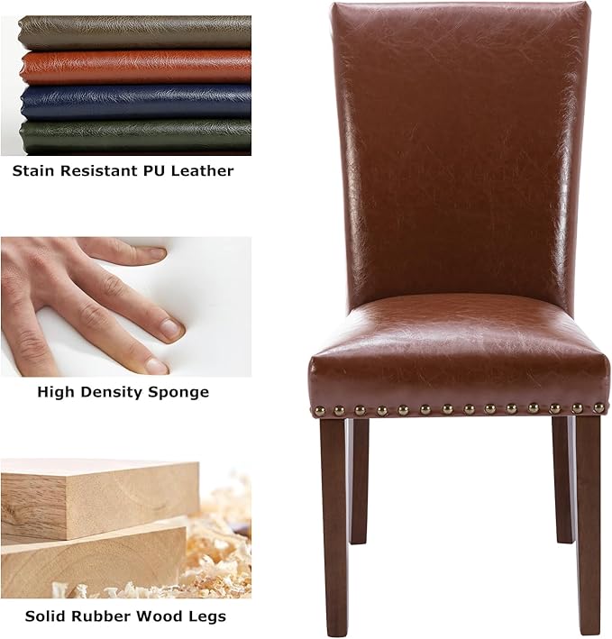 COLAMY Upholstered Parsons Dining Chairs Set of 2, PU Leather Dining Room Kitchen Side Chair with Nailhead Trim and Wood Legs - Light Brown - LeafyLoom