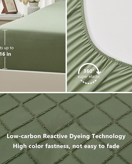 Boho Olive Green Comforter Set with Jacquard Tufted Design,Shabby Chic Bedding Sets for All Seasons,5 Pieces Twin Dorm Bed in a Bag Comforter,Flat Sheet,Fitted Sheet,Pillowcases & Shams - LeafyLoom