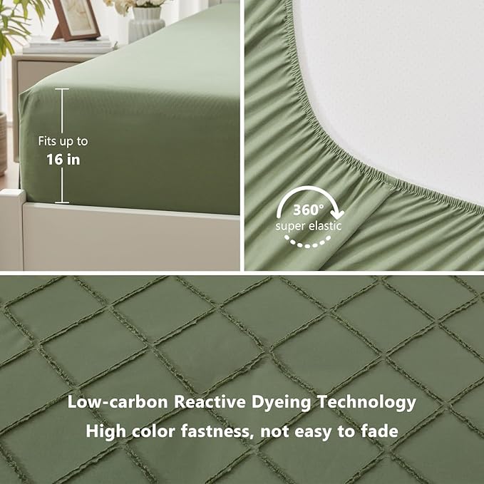 Boho Olive Green Comforter Set with Jacquard Tufted Design,Farmhouse Bedding Sets for All Seasons,Soft 7 Pieces Queen Bed in a Bag Comforter,Flat Sheet,Fitted Sheet,Pillowcases & Shams - LeafyLoom