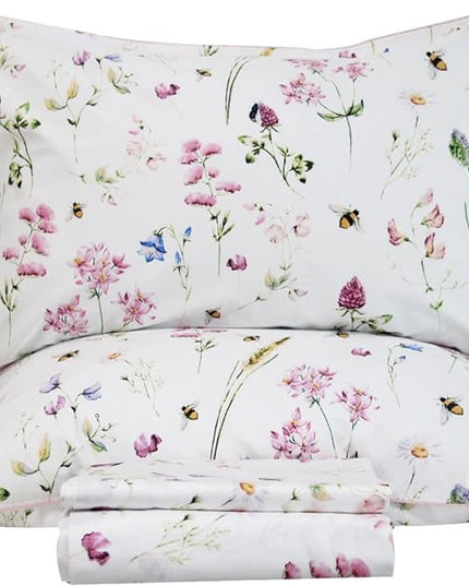 QSH Floral Bed Sheets Set King Size - Shabby Flower Bee Print Bed Sheet Set - Extra Soft and Breathable 100% Egyptian Cotton - 4 pcs King Size Sheets with Deep Pockets Flower Bed Sheets - LeafyLoom