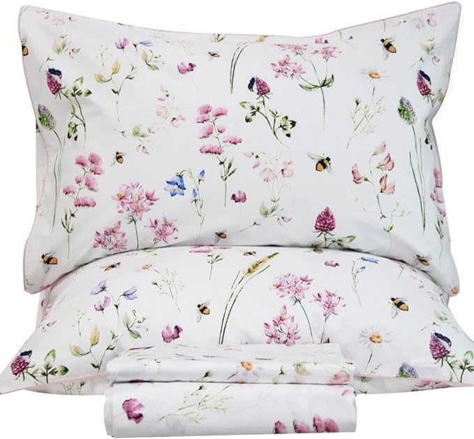 QSH Floral Bed Sheets Set King Size - Shabby Flower Bee Print Bed Sheet Set - Extra Soft and Breathable 100% Egyptian Cotton - 4 pcs King Size Sheets with Deep Pockets Flower Bed Sheets - LeafyLoom