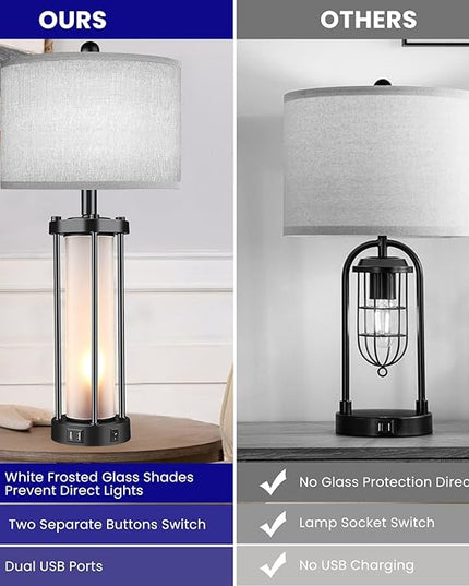 Table Lamps for Living Room Set of 2,26" Tall Bedside Farmhouse Table Lamps with LED Lantern Nightlight,Bedroom Nightstand Lamps with Dual USB Port Grey Fabric Shade (Bulbs Included) - LeafyLoom