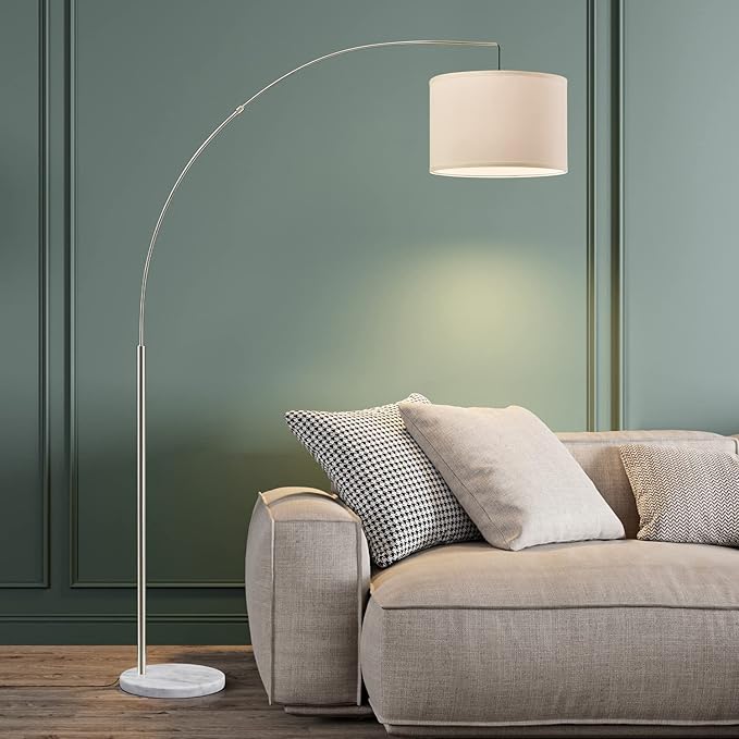 Oneach Modern Arc Floor Lamp for Living Room Arching Hanging Lamp Shade Over The Couch for Reading Bedroom Office Brushed Steel Arch Standing Floor Light Silver - LeafyLoom
