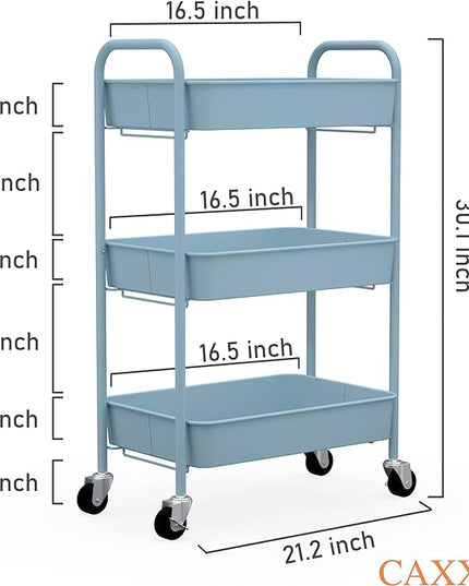 CAXXA 3-Tier Rolling Metal Storage Organizer - Mobile Utility Cart with Caster Wheels, Blue - LeafyLoom