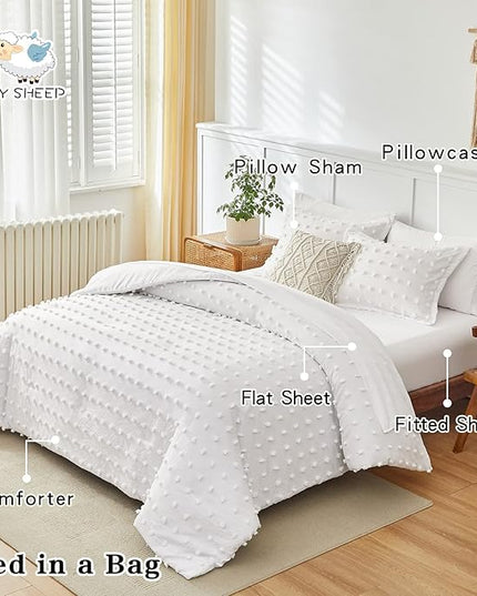 7 Pieces Tufted Dots Bed in a Bag Queen Comforter Set with Sheets White , Soft and Embroidery Shabby Chic Boho Comforters, Solid Color with Pom Pom Design, Jacquard Tufts Bedding Set for All Season - LeafyLoom