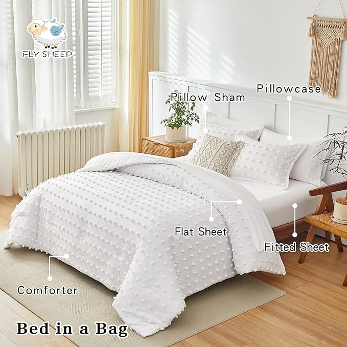 7 Pieces Tufted Dots Bed in a Bag Queen Comforter Set with Sheets White , Soft and Embroidery Shabby Chic Boho Comforters, Solid Color with Pom Pom Design, Jacquard Tufts Bedding Set for All Season - LeafyLoom