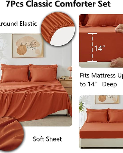 CozyLux Queen Comforter Set with Sheets 7 Pieces Bed in a Bag Burnt Orange All Season Bedding Sets with Comforter, Pillow Shams, Flat Sheet, Fitted Sheet and Pillowcases - LeafyLoom