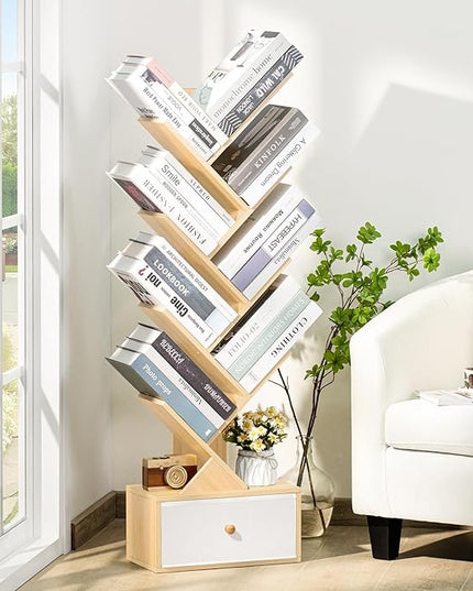 8 Tier Tree Bookshelf with Drawer, Free Standing Wood Bookcase for Narrow Space, Storage Organizer Bookshelves for Books, Book Case for Home Office, Living Room, Bedroom - Natural - LeafyLoom