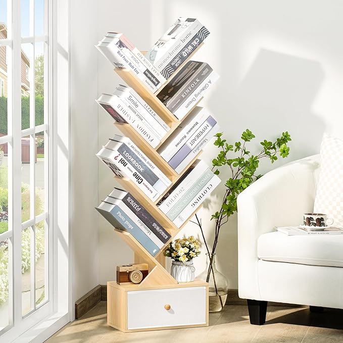 8 Tier Tree Bookshelf with Drawer, Free Standing Wood Bookcase for Narrow Space, Storage Organizer Bookshelves for Books, Book Case for Home Office, Living Room, Bedroom - Natural - LeafyLoom