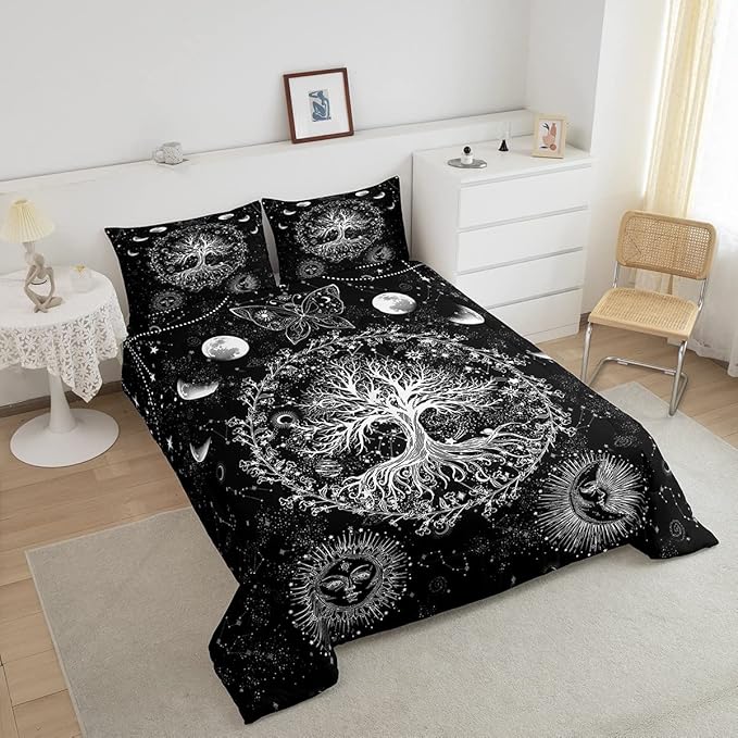 Feelyou Sun and Moon Comforter Bohemian Tree Butterfly Style Bedding Set Psychedelic Hippie Comforter Set for Boys Girls Children Teens Bedroom Decor Galaxy Astrology Duvet Set Queen Size - LeafyLoom