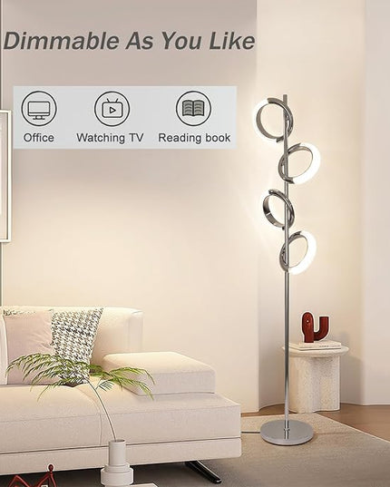 Ganeed LED Floor Lamp for Bedroom,4 Rings 40W Modern Dimmable Standing Lamp,61 in Tall Reading Light Corner Lamp with Remote Control for Living Room Office (3000-6500K/Chrome) - LeafyLoom