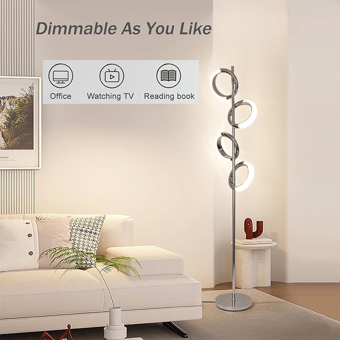 Ganeed LED Floor Lamp for Bedroom,4 Rings 40W Modern Dimmable Standing Lamp,61 in Tall Reading Light Corner Lamp with Remote Control for Living Room Office (3000-6500K/Chrome) - LeafyLoom