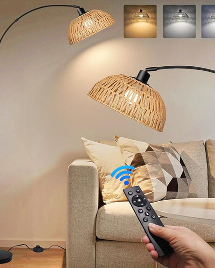 Arc Floor Lamp for Living Room,Black Standing Rattan Floor Lamp with Remote Control Dimmable,71" Tall Boho Farmhouse Adjustable Over Couch Lamp for Bedroom Office - LeafyLoom
