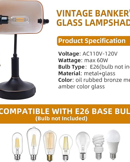 Vintage Bankers Desk Lamp with Pull Chain Switch, Traditional Desk Lamp with USB A and Type C Charging Port, Oil Rubbed Bronze Table Lamp with Amber Glass Shade for Office, Library, Study Room - LeafyLoom