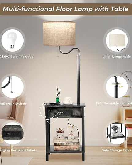 FIMEI Floor Lamp with Table, End Table with Charging Station USB Ports & Outlets, Bedside Table 3 Color Temperature Reading Light, Nightstand with Shelves for Living Room Bedroom Apartment, Sage Gray - LeafyLoom