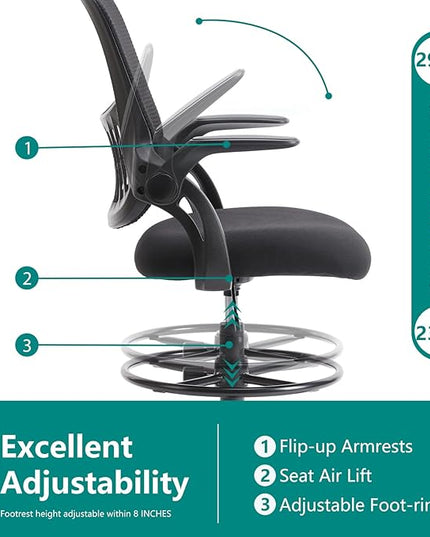 SMUG Drafting Chair, Tall Office Chair Tall Standing Desk Chair Counter Height Adjustable Office Chair with Flip-up Arms, Mid Back Mesh Office Drafting Chairs, Black - LeafyLoom