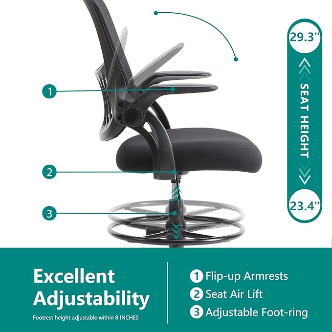SMUG Drafting Chair, Tall Office Chair Tall Standing Desk Chair Counter Height Adjustable Office Chair with Flip-up Arms, Mid Back Mesh Office Drafting Chairs, Black - LeafyLoom