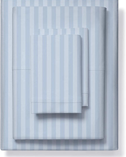 THREAD SPREAD Luxury Egyptian Cotton Queen Stripe Sheet Set, 600 Thread Count Extra Long Staple 4 PC Set, Queen Damask Sheets, Soft, Cooling Sateen Weave Sheets Upto 18" Deep Pocket - Light Blue - LeafyLoom
