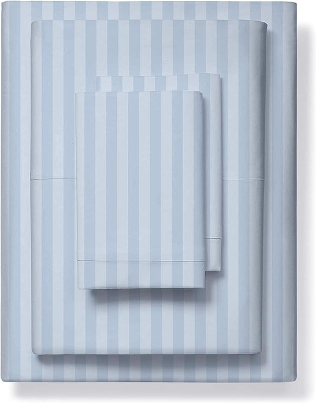 THREAD SPREAD Luxury Egyptian Cotton Queen Stripe Sheet Set, 600 Thread Count Extra Long Staple 4 PC Set, Queen Damask Sheets, Soft, Cooling Sateen Weave Sheets Upto 18" Deep Pocket - Light Blue - LeafyLoom