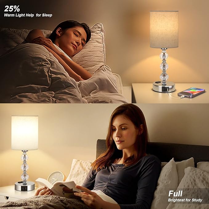 White Touch Bedside Lamps for Bedrooms - Crystal Table Lamp with USB C+A Charging Port and AC Outlet Nightstand, 3 Way Dimmable Silver Small End Side Table Lamp for Living/Guest/Dinning Room/Kitchen - LeafyLoom