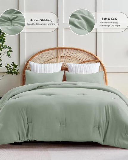 CozyLux Sage Green Comforter Set King Size, 3 Pieces Solid Breathable Quilted Style Bedding Sets, Luxury Fluffy Soft Microfiber Comforter for All Season(1 Comforter & 2 Pillowcases) - LeafyLoom