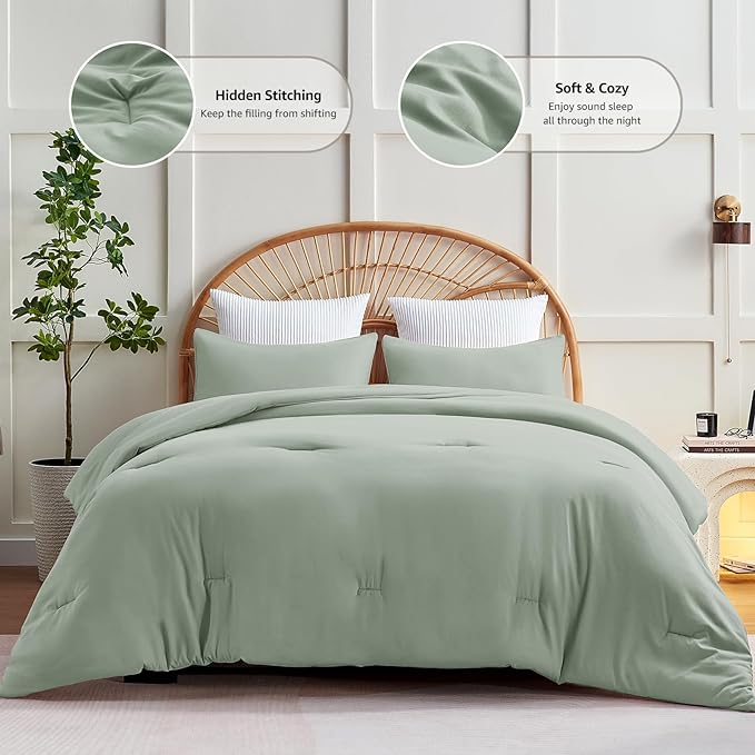 CozyLux Sage Green Comforter Set Queen Size, 3 Pieces Solid Breathable Quilted Style Bedding Sets, Luxury Fluffy Soft Microfiber Comforter for All Season(1 Comforter & 2 Pillowcases) - LeafyLoom