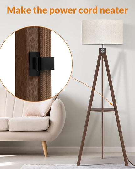 LEPOWER Tripod Floor Lamp, Mid Century Wood Standing Lamp, Modern Design Shelf Floor Lamp for Living Room, Bedroom, Office, Flaxen Lamp Shade with E26 Lamp Base Dark Brown - LeafyLoom