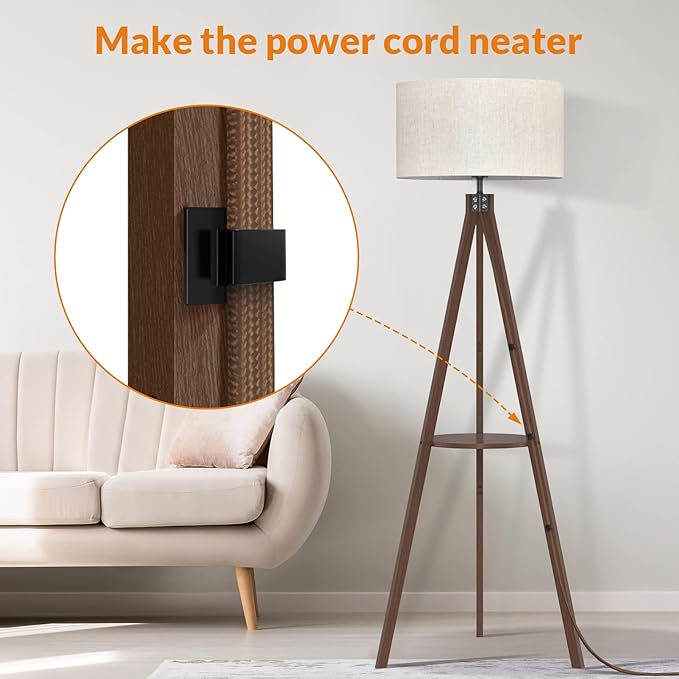 LEPOWER Tripod Floor Lamp, Mid Century Wood Standing Lamp, Modern Design Shelf Floor Lamp for Living Room, Bedroom, Office, Flaxen Lamp Shade with E26 Lamp Base Dark Brown - LeafyLoom