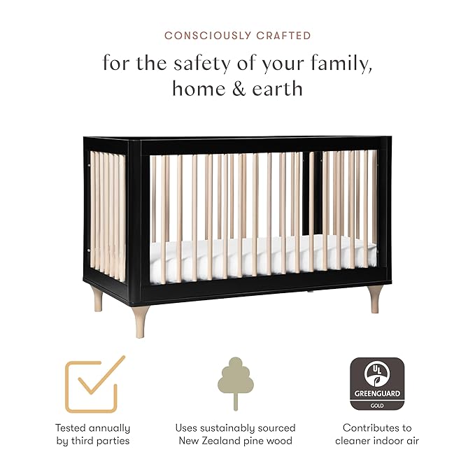 Babyletto Lolly 3-in-1 Convertible Crib with Toddler Bed Conversion Kit in Black and Washed Natural, Greenguard Gold Certified - LeafyLoom