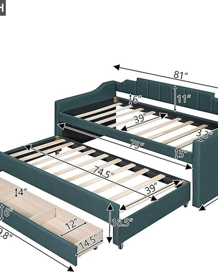 Merax Twin Size Upholstered Daybed with Trundle and Three Storage Drawers, Comfy Sofa-Bed & Padded Backrest for Living Room, Guest Room, Apartments, Both Side Armrests, Solid Wood Slats Support, Green - LeafyLoom
