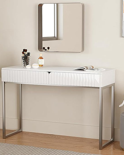White Vanity Desk with 2 Drawers, Silver and White Desk,Home Office Desk Modern Makeup Vanity Table with Glossy Desktop,Writing Computer Standing Desk with Wood Top and Metal Legs - LeafyLoom