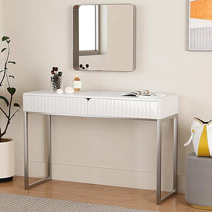 White Vanity Desk with 2 Drawers, Silver and White Desk,Home Office Desk Modern Makeup Vanity Table with Glossy Desktop,Writing Computer Standing Desk with Wood Top and Metal Legs - LeafyLoom