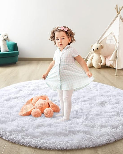 White Round Rug for Bedroom, Super Fluffy Circle Rugs for Baby Nursery, 5'X5' Feet Furry Carpet for Children Kids Room, Cute Soft Shaggy Rug for Girls Home Decor, Fuzzy Plush Carpets for Dorm - LeafyLoom