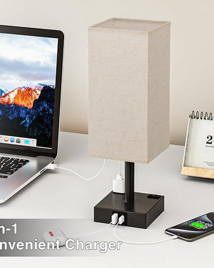 Touch Bedside Table Lamp For Nightstand - 3-Way Dimmable Night Lamp with USB A + Type C Charging Ports and two AC Outlets, Small Desk Light with E26 LED Bulb for Bedroom Living Room Dorm, BEIGE - LeafyLoom