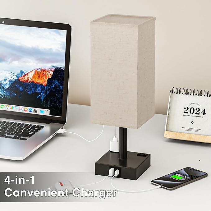 Touch Bedside Table Lamp For Nightstand - 3-Way Dimmable Night Lamp with USB A + Type C Charging Ports and two AC Outlets, Small Desk Light with E26 LED Bulb for Bedroom Living Room Dorm, BEIGE - LeafyLoom
