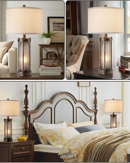 Set of 2 Farmhouse Table Lamps for Living Room, Vintage Rustic Nightstand Lamp with 2 USB Ports, Retro Gray Glass Night Light Desk Lamps for Bedroom Entryway, 4 Bulbs Included (Bronze Look) - LeafyLoom