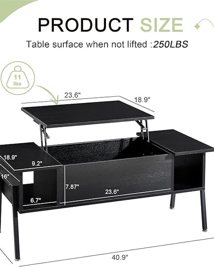 VECELO Wood Lift Top Coffee Table with Hidden Compartment and Storage Shelf for Living Room/Office Reception, Rising Tabletop, Brown, Large, Black - LeafyLoom
