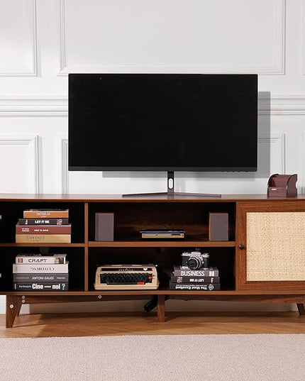VEVOR Rattan TV Stand for 75in TV, Boho TV Stand with Rattan Door, Entertainment Center with Build-in Socket, Storage Cabinet with 2 Shelves, Modern TV Console for Living Room, Media Room, Walnut - LeafyLoom
