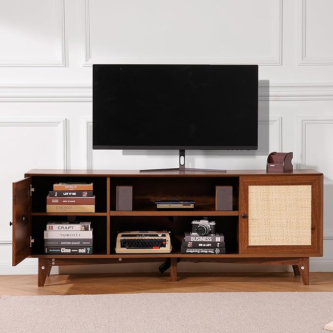VEVOR Rattan TV Stand for 75in TV, Boho TV Stand with Rattan Door, Entertainment Center with Build-in Socket, Storage Cabinet with 2 Shelves, Modern TV Console for Living Room, Media Room, Walnut - LeafyLoom