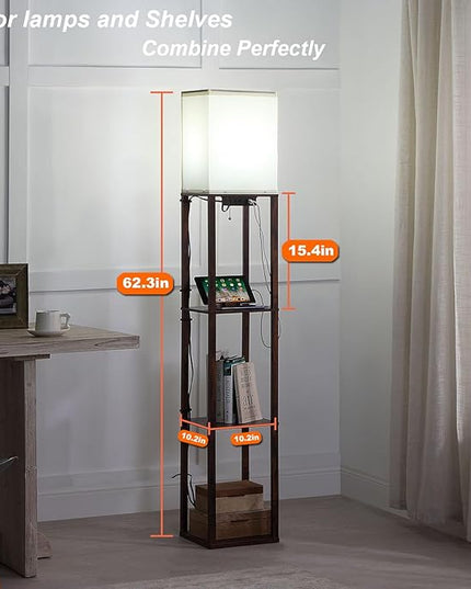Floor Lamp with Shelves, Shelf Floor Lamps for Living Room with 2 USB Charging Ports and Power Outlet, 3CCT Modern Corner Square Display Standing Lamp 4-Tier Tall Bookshelf Lamp for Bedroom - LeafyLoom