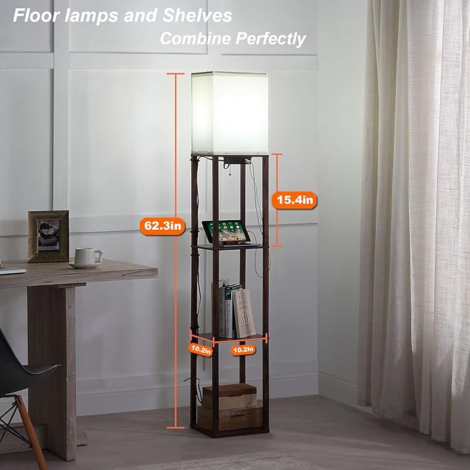 Floor Lamp with Shelves, Shelf Floor Lamps for Living Room with 2 USB Charging Ports and Power Outlet, 3CCT Modern Corner Square Display Standing Lamp 4-Tier Tall Bookshelf Lamp for Bedroom - LeafyLoom