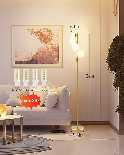 64IN Dimmable Gold Floor Lamp, Tall Standing Lamps with 4 Globe Soft Warm White Eye Care 3000K G9 Bulbs, Mid Century Modern Floor Lamp for Bedroom Office - LeafyLoom