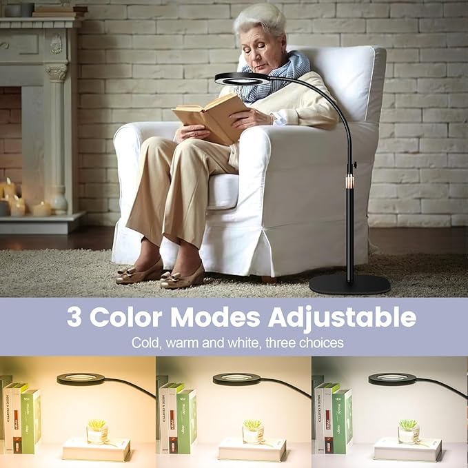 10X Magnifying Glass with Light and Stand,NUEYiO 3-Color Stepless Dimmable LED Magnifying Floor Lamp, 24" Gooseneck Adjustable Swing Arm Lighted Magnifier Lamp with Clamp for Reading Craft Esthetican - LeafyLoom