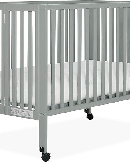 Quinn Full-Size Folding Crib in Cool Grey, Removeable Wheels, Modern Nursey, Adjustable Mattress Support, Portable Crib, Patented Folding System - LeafyLoom