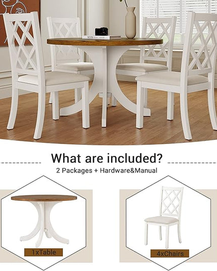 Mid-Century Style Round 4 Upholstered Chairs, Long-Lasting Solid Wood, Easy Clean & Assembly, Room, Kitchen, Small Place, 5 Piece Dining Table Set, Walnut 42 - LeafyLoom