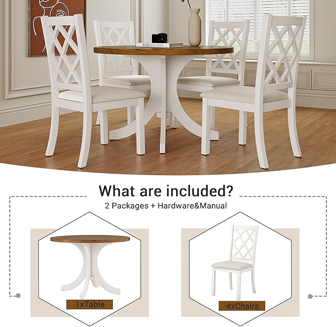 Mid-Century Style Round 4 Upholstered Chairs, Long-Lasting Solid Wood, Easy Clean & Assembly, Room, Kitchen, Small Place, 5 Piece Dining Table Set, Walnut 42 - LeafyLoom