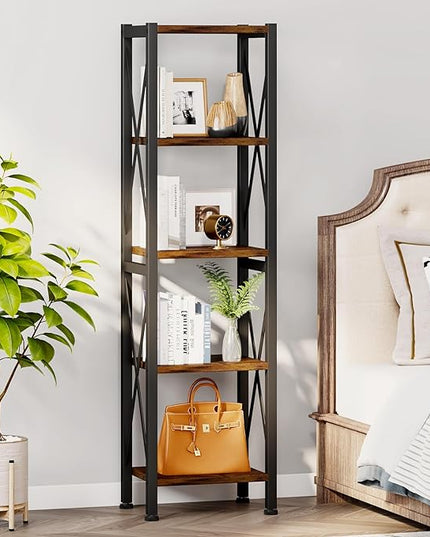 5-Tier Narrow Bookshelf, Ladder Bookshelf, Tall Bookshelf for Bedroom with Open Shelves, Office Bookshelf, Industrial Standing Bookshelf for Bedroom, Living Room and Home Office - LeafyLoom