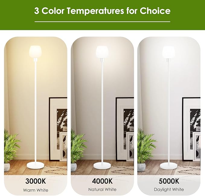 Floor Lamps for Living Room with 3 Color Temps, LED Standing Lamp with White Opal Glass Lampshade, Minimalist Tall Lamp with Foot Switch, Pole Lamp for Office Bedroom Dining Room, 9W LED Bulb Included - LeafyLoom