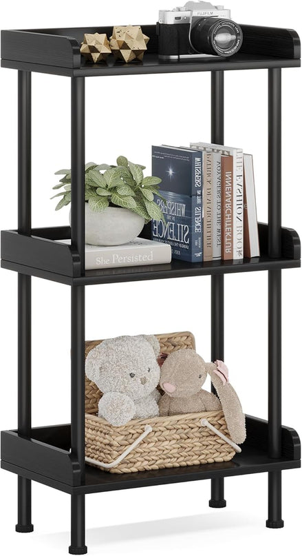 Bookshelf Small Book Shelf - 3-Tier Wood Bookcase Industrial Bookshelf with Edge Protection Metal Standing Book Shelves Display Book Rack for Living Room Bedroom Home Office (Black) - LeafyLoom