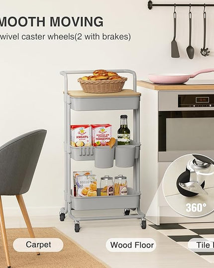 DTK 3 Tier Rolling Utility Cart with Cover Top Board, Movable Kitchen Storage Cart Trolley with Lockable Wheels, Cups, Hooks for Kitchen Bathroom Home Office Art Craft Storage and Organization(Grey) - LeafyLoom